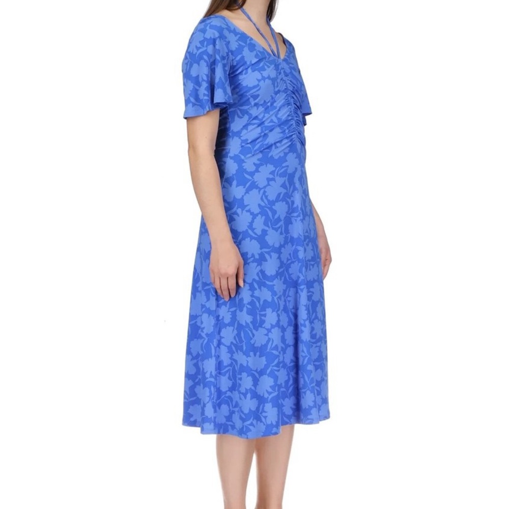 Michael Kors Blue Floral Ruched Flutter Sleeve Midi Dress - Picture 6 of 13